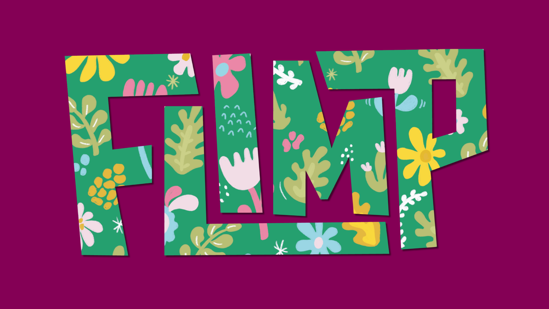 The word FLIMP in all caps with a floral pattern on a pink background